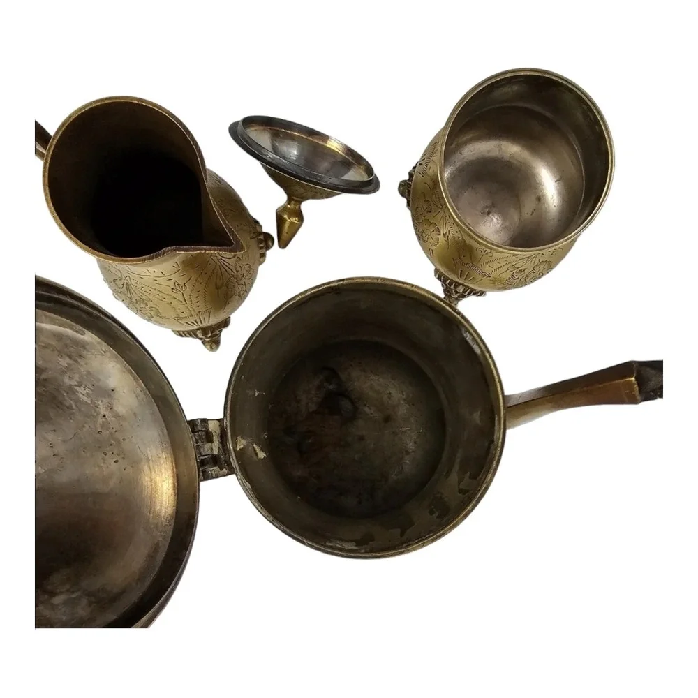 Vintage Tea Pot Set w/ Creamer Sugar Bowl Etched EPNS Gold Tone Glam Victorian